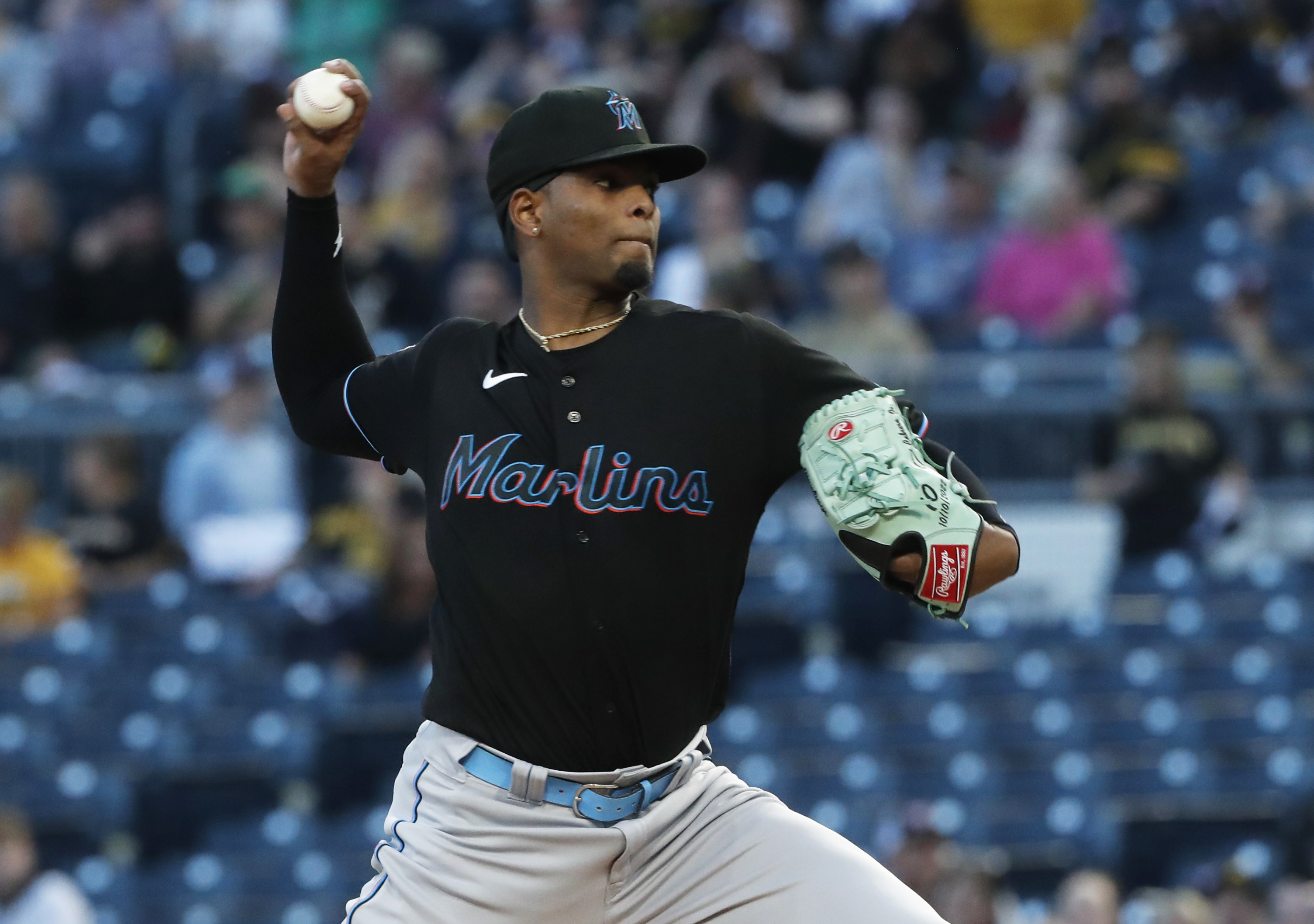 Sep 29, 2023; Pittsburgh, Pennsylvania, USA; Miami Marlins starting pitcher Edward Cabrera (27) delivers a pitch against the Pittsburgh Pirates during the first inning at PNC Park. Mandatory Credit: Charles LeClaire-USA TODAY Sports  